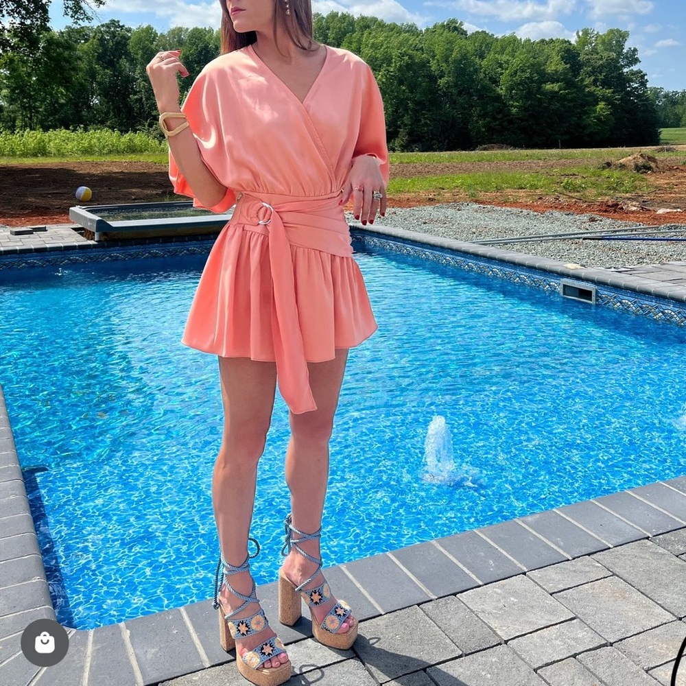 NWT peach satin romper with adjustable waist belt